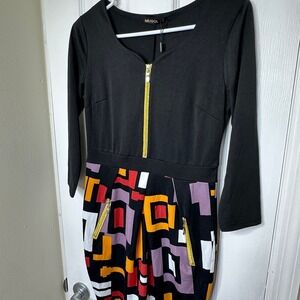 Miusol Womens Black Geometric Print Sheath Dress Gold Zipper Size S NWT